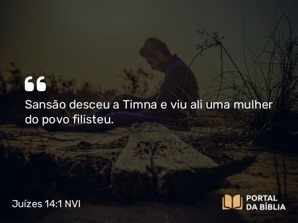 Juízes 14:1 NVI - Sansão desceu a Timna e viu ali uma mulher do povo filisteu.