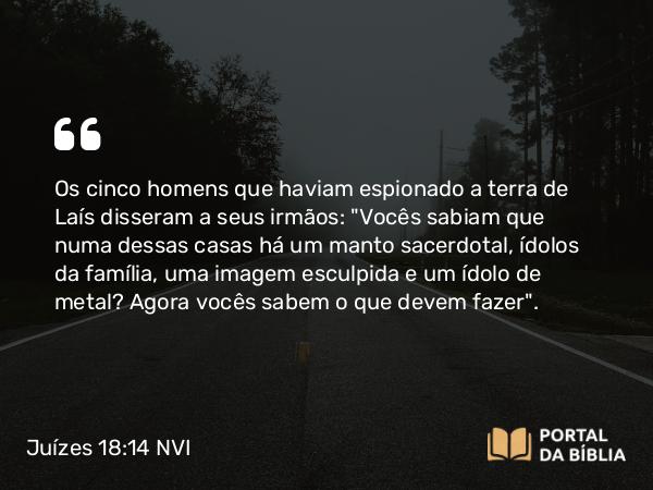 Juízes 18:14 NVI - Os cinco homens que haviam espionado a terra de Laís disseram a seus irmãos: 