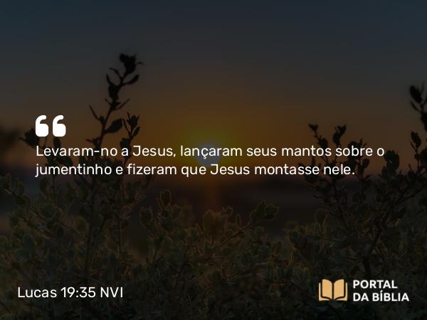 Lucas 19:35 NVI - Levaram-no a Jesus, lançaram seus mantos sobre o jumentinho e fizeram que Jesus montasse nele.