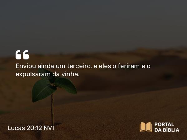 Lucas 20:12 NVI - Enviou ainda um terceiro, e eles o feriram e o expulsaram da vinha.