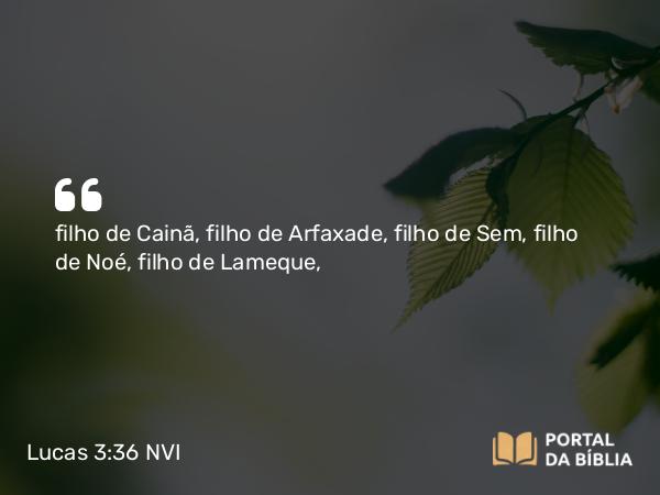 Lucas 3:36 NVI - filho de Cainã, filho de Arfaxade, filho de Sem, filho de Noé, filho de Lameque,