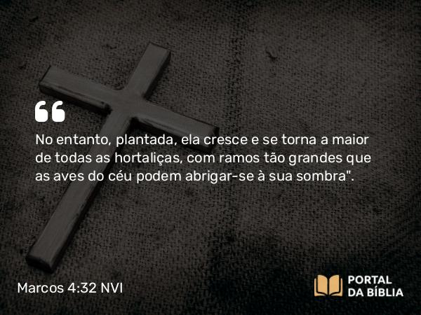 Marcos 4:32 NVI - No entanto, plantada, ela cresce e se torna a maior de todas as hortaliças, com ramos tão grandes que as aves do céu podem abrigar-se à sua sombra