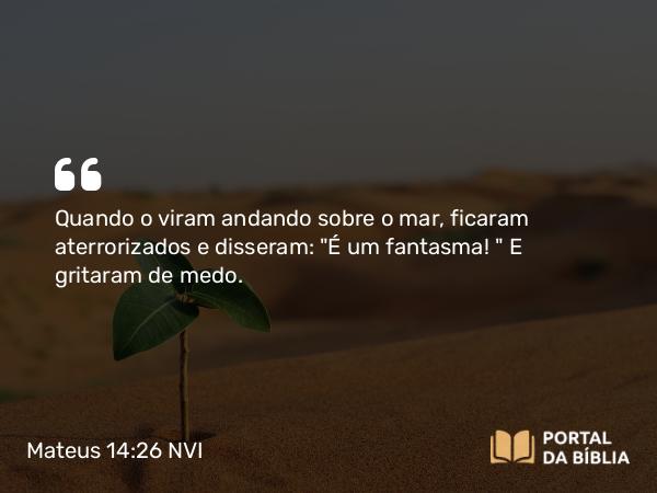 Mateus 14:26 NVI - Quando o viram andando sobre o mar, ficaram aterrorizados e disseram: 