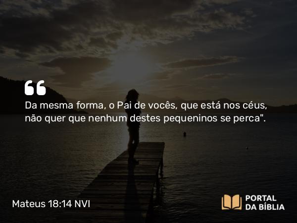 Mateus 18:14 NVI - Da mesma forma, o Pai de vocês, que está nos céus, não quer que nenhum destes pequeninos se perca