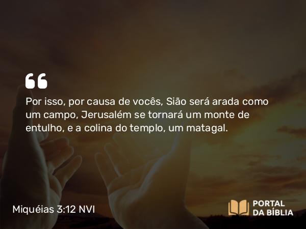 Miquéias 3:12 NVI - Por isso, por causa de vocês, Sião será arada como um campo, Jerusalém se tornará um monte de entulho, e a colina do templo, um matagal.