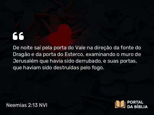 Neemias 2:13 NVI - De noite saí pela porta do Vale na direção da fonte do Dragão e da porta do Esterco, examinando o muro de Jerusalém que havia sido derrubado, e suas portas, que haviam sido destruídas pelo fogo.