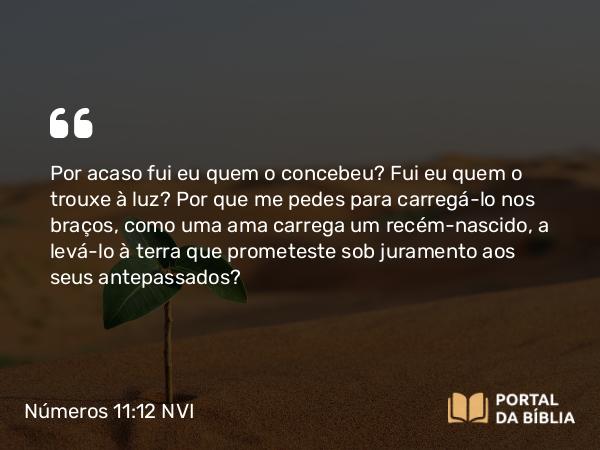 Números 11:12 NVI - Por acaso fui eu quem o concebeu? Fui eu quem o trouxe à luz? Por que me pedes para carregá-lo nos braços, como uma ama carrega um recém-nascido, a levá-lo à terra que prometeste sob juramento aos seus antepassados?