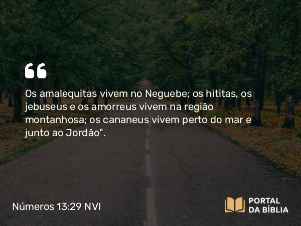 Números 13:29 NVI - Os amalequitas vivem no Neguebe; os hititas, os jebuseus e os amorreus vivem na região montanhosa; os cananeus vivem perto do mar e junto ao Jordão