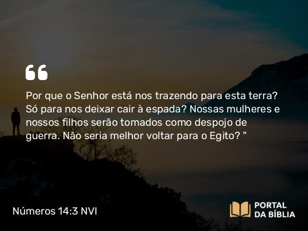 Números 14:3 NVI - Por que o Senhor está nos trazendo para esta terra? Só para nos deixar cair à espada? Nossas mulheres e nossos filhos serão tomados como despojo de guerra. Não seria melhor voltar para o Egito?