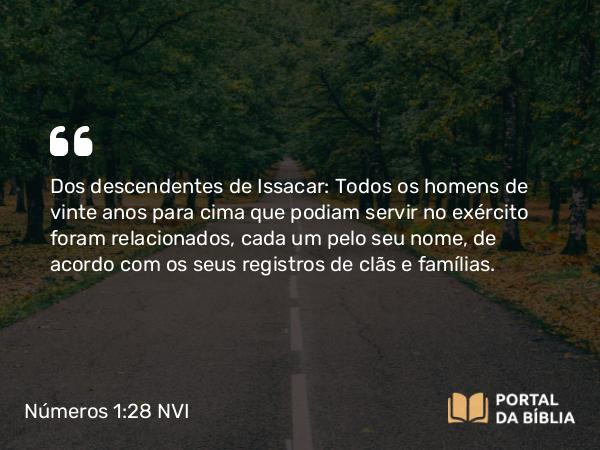 Números 1:28 NVI - Dos descendentes de Issacar: Todos os homens de vinte anos para cima que podiam servir no exército foram relacionados, cada um pelo seu nome, de acordo com os seus registros de clãs e famílias.