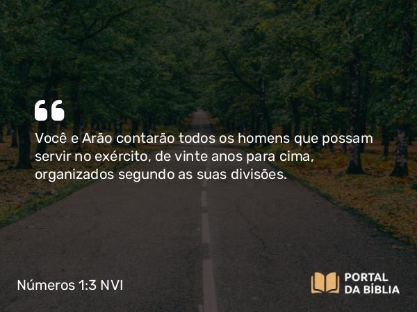 Números 1:3 NVI - Você e Arão contarão todos os homens que possam servir no exército, de vinte anos para cima, organizados segundo as suas divisões.