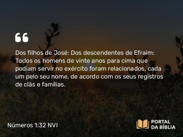 Números 1:32 NVI - Dos filhos de José: Dos descendentes de Efraim: Todos os homens de vinte anos para cima que podiam servir no exército foram relacionados, cada um pelo seu nome, de acordo com os seus registros de clãs e famílias.