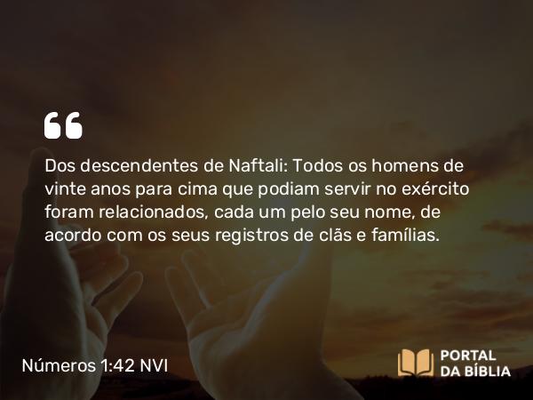 Números 1:42 NVI - Dos descendentes de Naftali: Todos os homens de vinte anos para cima que podiam servir no exército foram relacionados, cada um pelo seu nome, de acordo com os seus registros de clãs e famílias.