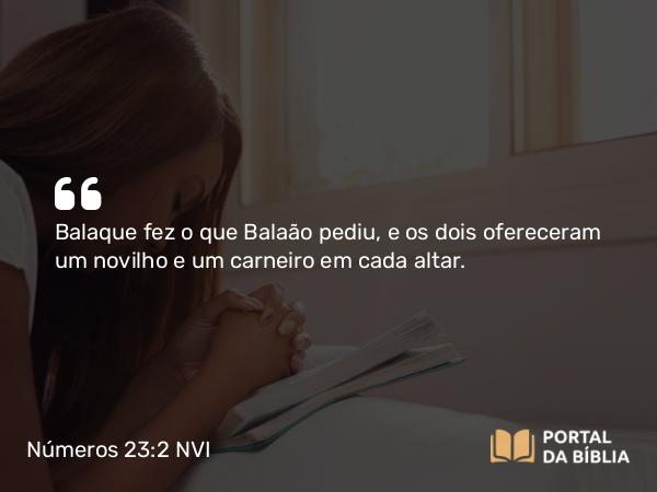 Números 23:2 NVI - Balaque fez o que Balaão pediu, e os dois ofereceram um novilho e um carneiro em cada altar.