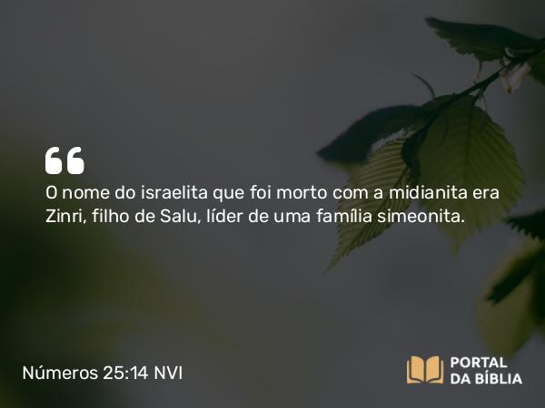 Números 25:14 NVI - O nome do israelita que foi morto com a midianita era Zinri, filho de Salu, líder de uma família simeonita.