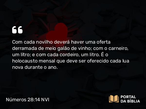 Números 28:14 NVI - Com cada novilho deverá haver uma oferta derramada de meio galão de vinho; com o carneiro, um litro; e com cada cordeiro, um litro. É o holocausto mensal que deve ser oferecido cada lua nova durante o ano.