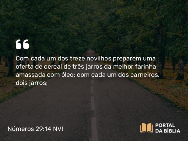 Números 29:14 NVI - Com cada um dos treze novilhos preparem uma oferta de cereal de três jarros da melhor farinha amassada com óleo; com cada um dos carneiros, dois jarros;