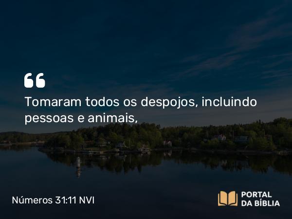 Números 31:11 NVI - Tomaram todos os despojos, incluindo pessoas e animais,