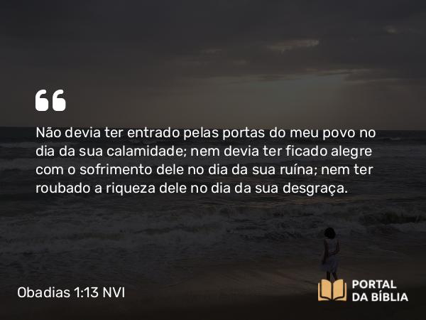 Obadias 1:13 NVI - Não devia ter entrado pelas portas do meu povo no dia da sua calamidade; nem devia ter ficado alegre com o sofrimento dele no dia da sua ruína; nem ter roubado a riqueza dele no dia da sua desgraça.