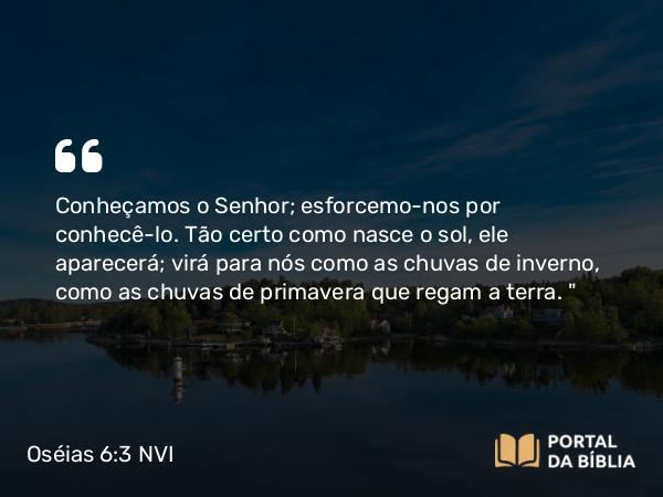 Oséias 6:3 NVI - Conheçamos o Senhor; esforcemo-nos por conhecê-lo. Tão certo como nasce o sol, ele aparecerá; virá para nós como as chuvas de inverno, como as chuvas de primavera que regam a terra. 