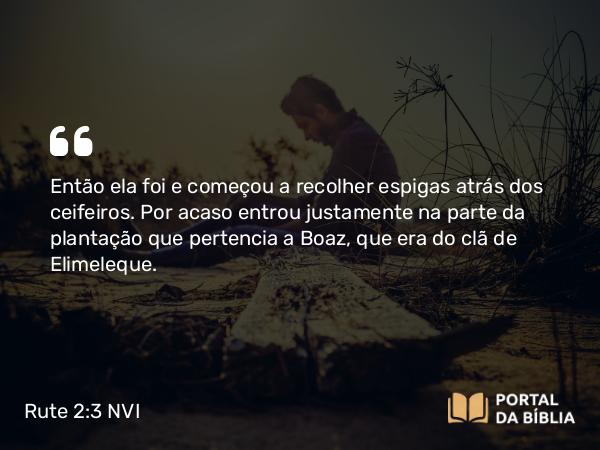 Rute 2:3 NVI - Então ela foi e começou a recolher espigas atrás dos ceifeiros. Por acaso entrou justamente na parte da plantação que pertencia a Boaz, que era do clã de Elimeleque.