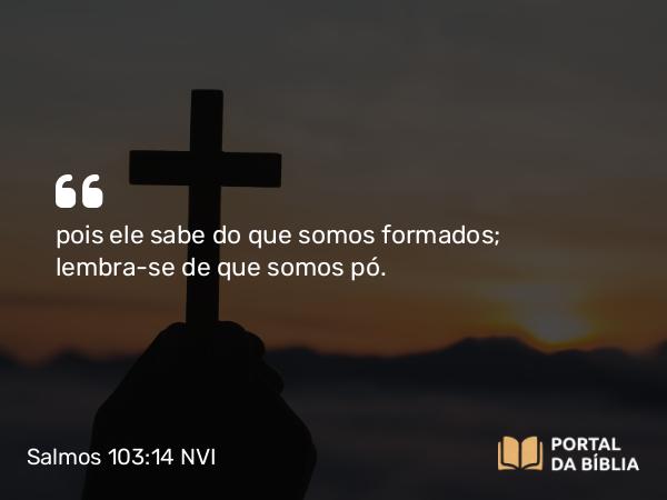 Salmos 103:14 NVI - pois ele sabe do que somos formados; lembra-se de que somos pó.