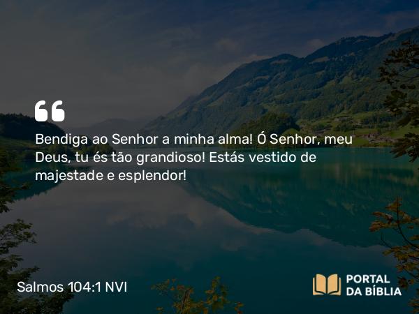 Salmos 104:1 NVI - Bendiga ao Senhor a minha alma! Ó Senhor, meu Deus, tu és tão grandioso! Estás vestido de majestade e esplendor!