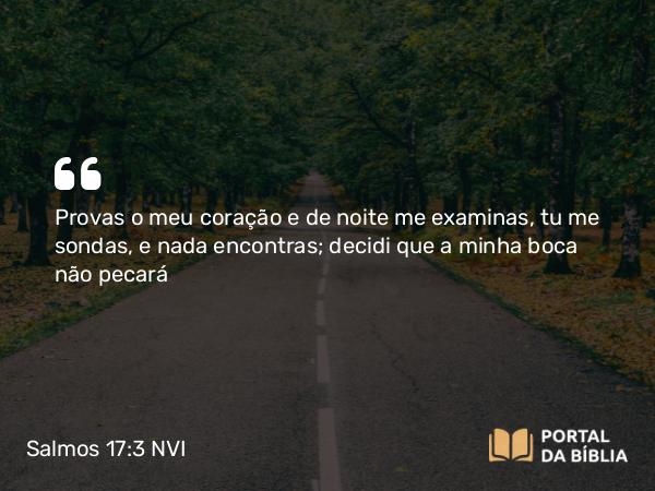 Salmos 17:3 NVI - Provas o meu coração e de noite me examinas, tu me sondas, e nada encontras; decidi que a minha boca não pecará