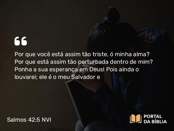 Salmos 42:5 NVI - Por que você está assim tão triste, ó minha alma? Por que está assim tão perturbada dentro de mim? Ponha a sua esperança em Deus! Pois ainda o louvarei; ele é o meu Salvador e