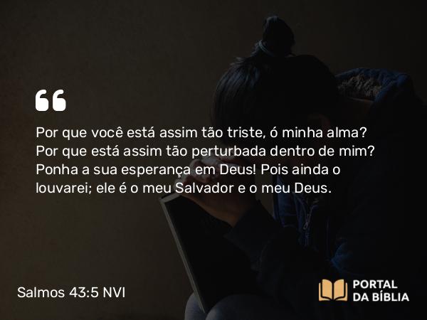 Salmos 43:5 NVI - Por que você está assim tão triste, ó minha alma? Por que está assim tão perturbada dentro de mim? Ponha a sua esperança em Deus! Pois ainda o louvarei; ele é o meu Salvador e o meu Deus.