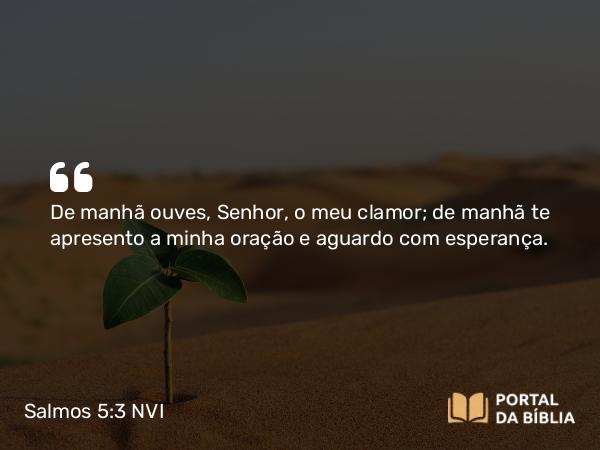 Salmos 5:3 NVI - De manhã ouves, Senhor, o meu clamor; de manhã te apresento a minha oração e aguardo com esperança.