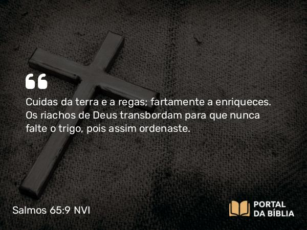 Salmos 65:9 NVI - Cuidas da terra e a regas; fartamente a enriqueces. Os riachos de Deus transbordam para que nunca falte o trigo, pois assim ordenaste.