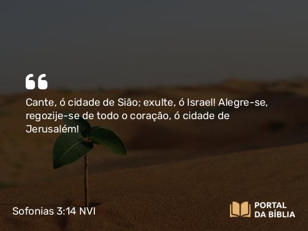 Sofonias 3:14 NVI - Cante, ó cidade de Sião; exulte, ó Israel! Alegre-se, regozije-se de todo o coração, ó cidade de Jerusalém!