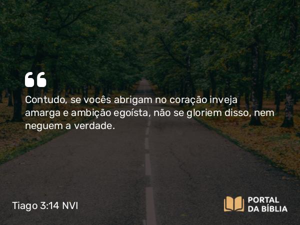 Tiago 3:14 NVI - Contudo, se vocês abrigam no coração inveja amarga e ambição egoísta, não se gloriem disso, nem neguem a verdade.