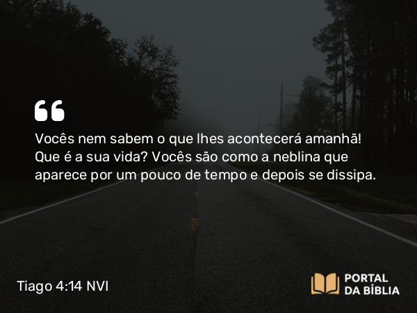 Tiago 4:14 NVI - Vocês nem sabem o que lhes acontecerá amanhã! Que é a sua vida? Vocês são como a neblina que aparece por um pouco de tempo e depois se dissipa.