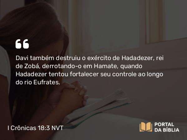 I Crônicas 18:3 NVT - Davi também destruiu o exército de Hadadezer, rei de Zobá, derrotando-o em Hamate, quando Hadadezer tentou fortalecer seu controle ao longo do rio Eufrates.