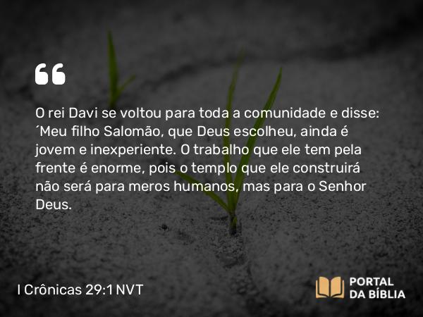 I Crônicas 29:1 NVT - O rei Davi se voltou para toda a comunidade e disse: “Meu filho Salomão, que Deus escolheu, ainda é jovem e inexperiente. O trabalho que ele tem pela frente é enorme, pois o templo que ele construirá não será para meros humanos, mas para o SENHOR Deus.