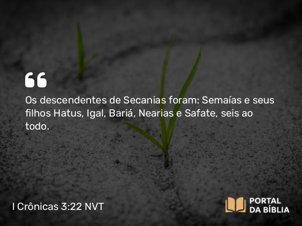 I Crônicas 3:22 NVT - Os descendentes de Secanias foram: Semaías e seus filhos Hatus, Igal, Bariá, Nearias e Safate, seis ao todo.