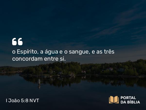 I João 5:8 NVT - o Espírito, a água e o sangue, e as três concordam entre si.