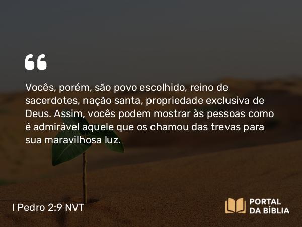 I Pedro 2:9 NVT - Vocês, porém, são povo escolhido, reino de sacerdotes, nação santa, propriedade exclusiva de Deus. Assim, vocês podem mostrar às pessoas como é admirável aquele que os chamou das trevas para sua maravilhosa luz.