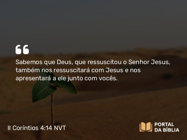 II Coríntios 4:14 NVT - Sabemos que Deus, que ressuscitou o Senhor Jesus, também nos ressuscitará com Jesus e nos apresentará a ele junto com vocês.