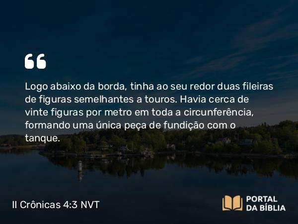 II Crônicas 4:3-5 NVT - Logo abaixo da borda, tinha ao seu redor duas fileiras de figuras semelhantes a touros. Havia cerca de vinte figuras por metro em toda a circunferência, formando uma única peça de fundição com o tanque.