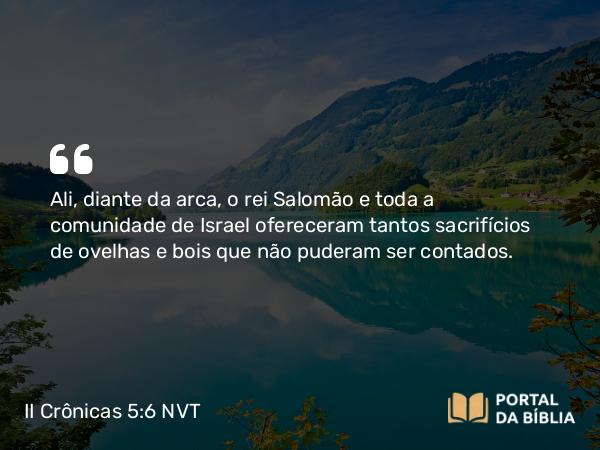 II Crônicas 5:6 NVT - Ali, diante da arca, o rei Salomão e toda a comunidade de Israel ofereceram tantos sacrifícios de ovelhas e bois que não puderam ser contados.