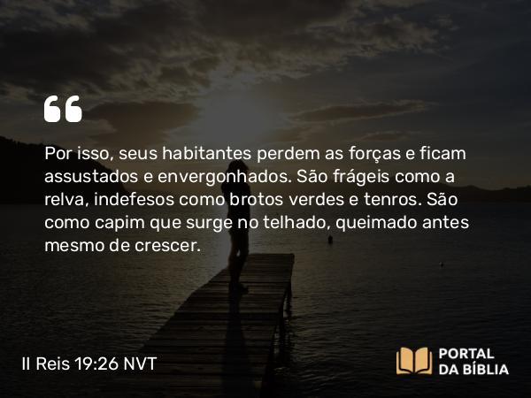 II Reis 19:26 NVT - Por isso, seus habitantes perdem as forças e ficam assustados e envergonhados. São frágeis como a relva, indefesos como brotos verdes e tenros. São como capim que surge no telhado, queimado antes mesmo de crescer.