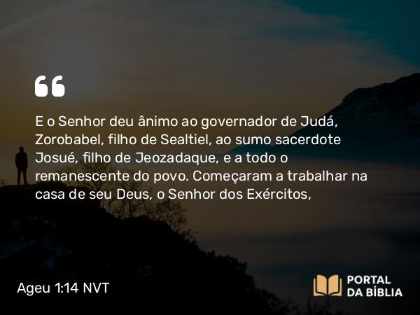 Ageu 1:14 NVT - E o SENHOR deu ânimo ao governador de Judá, Zorobabel, filho de Sealtiel, ao sumo sacerdote Josué, filho de Jeozadaque, e a todo o remanescente do povo. Começaram a trabalhar na casa de seu Deus, o SENHOR dos Exércitos,