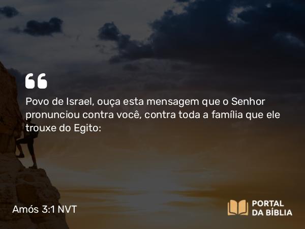 Amós 3:1 NVT - Povo de Israel, ouça esta mensagem que o SENHOR pronunciou contra você, contra toda a família que ele trouxe do Egito: