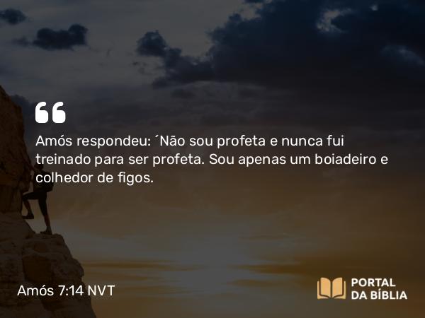 Amós 7:14 NVT - Amós respondeu: “Não sou profeta e nunca fui treinado para ser profeta. Sou apenas um boiadeiro e colhedor de figos.