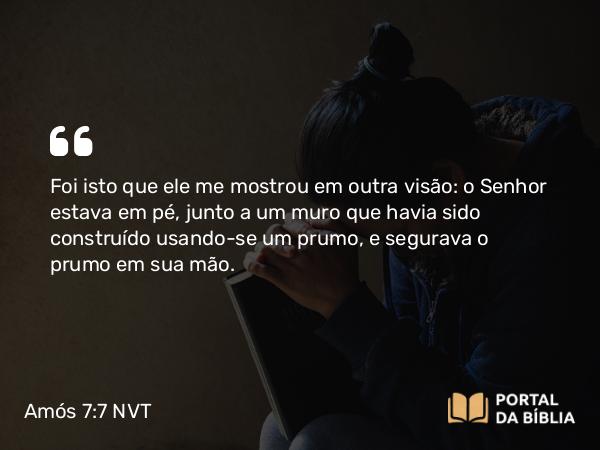 Amós 7:7-8 NVT - Foi isto que ele me mostrou em outra visão: o Senhor estava em pé, junto a um muro que havia sido construído usando-se um prumo, e segurava o prumo em sua mão.