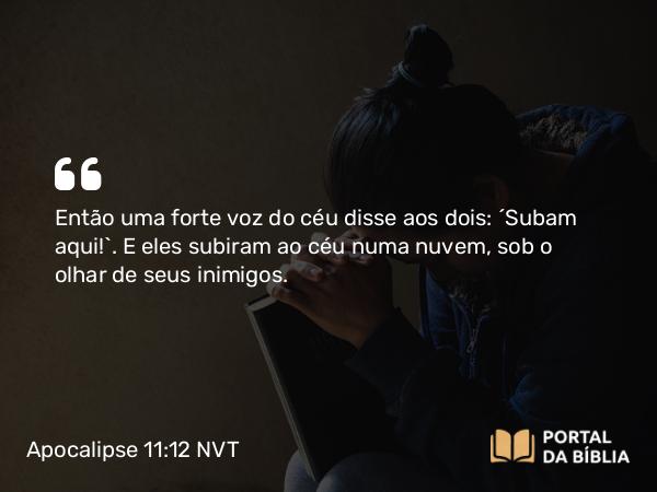 Apocalipse 11:12 NVT - Então uma forte voz do céu disse aos dois: “Subam aqui!”. E eles subiram ao céu numa nuvem, sob o olhar de seus inimigos.