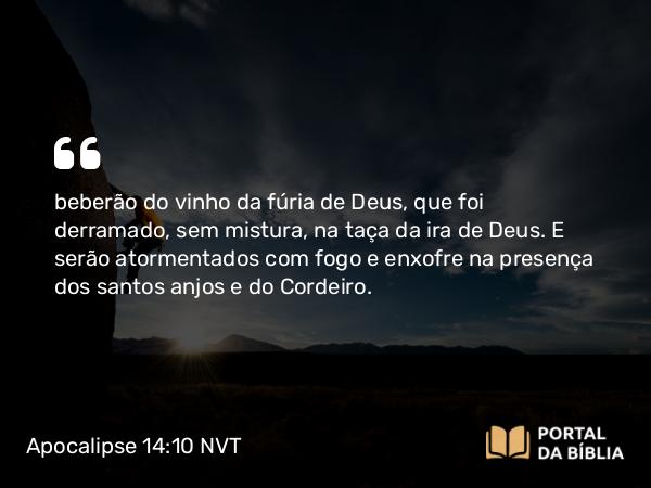 Apocalipse 14:10-11 NVT - beberão do vinho da fúria de Deus, que foi derramado, sem mistura, na taça da ira de Deus. E serão atormentados com fogo e enxofre na presença dos santos anjos e do Cordeiro.